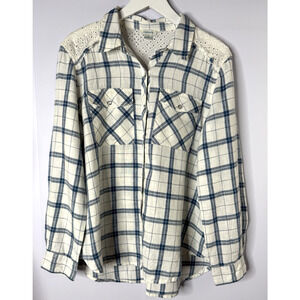 Sundance Polly Plaid Linen Pearl Snap‎ Button Down Top Sz L Eyelet Lace Western